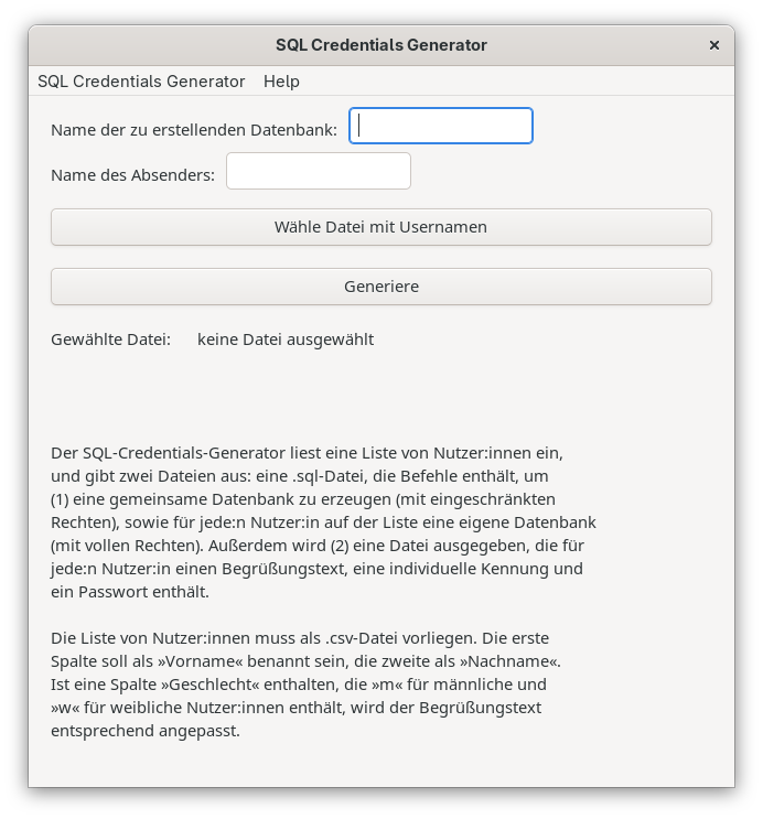 Screenshot des SQL Credentials Generator